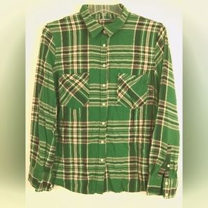 Merona Shirt Men's XL Button Long Slv 2-PktsYoke Grn/Blk/Wht Rayon Plaid '15 EUC